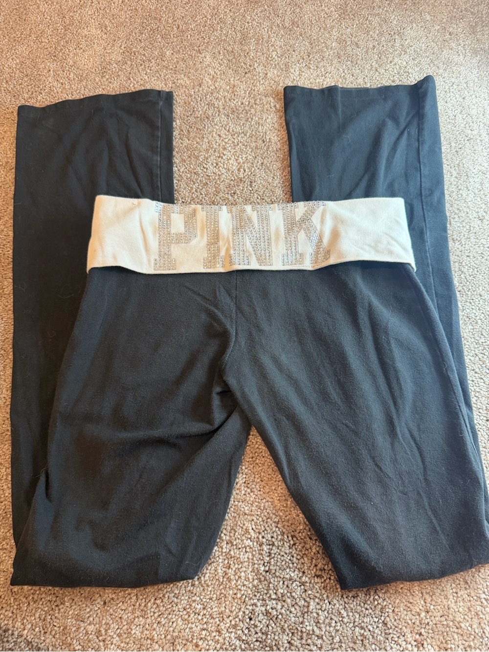 PINK Rhinestone Logo Waistband Black Yoga Pants Vintage